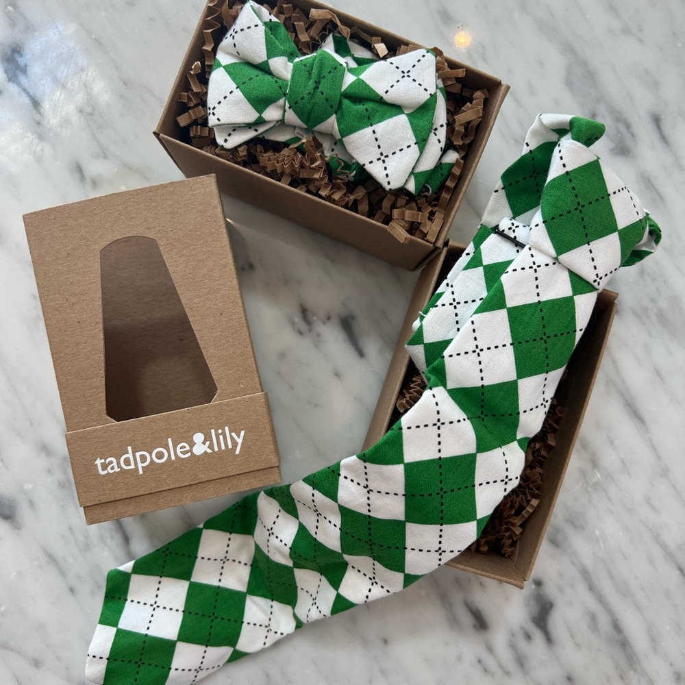 New Tadpole & Lily Boys Green and White Bow Tie or Long Tie